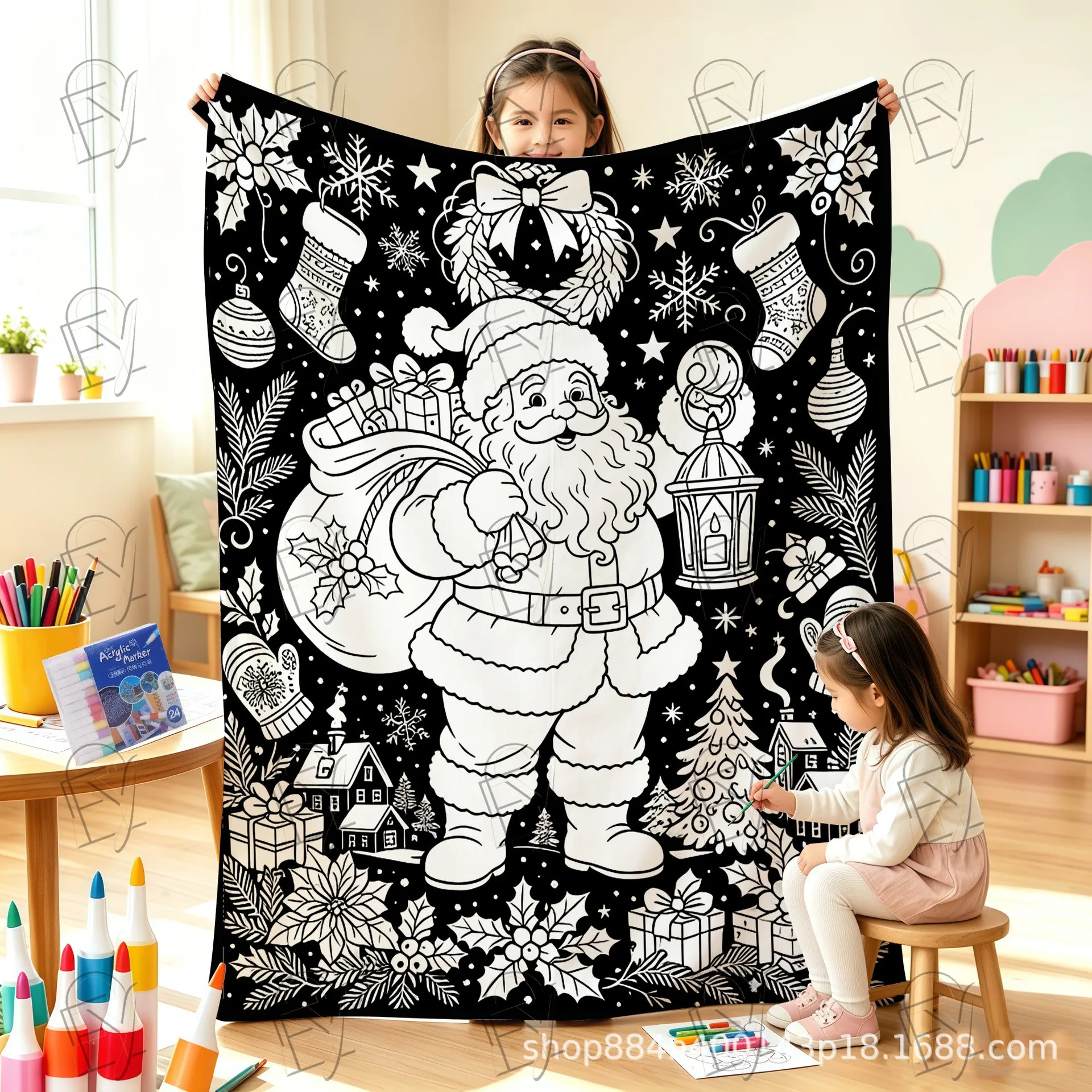 DIY Coloring Blanket Gothic Black Background Santa Claus Lantern Midnight Line Art Microfleece Bed Blanket