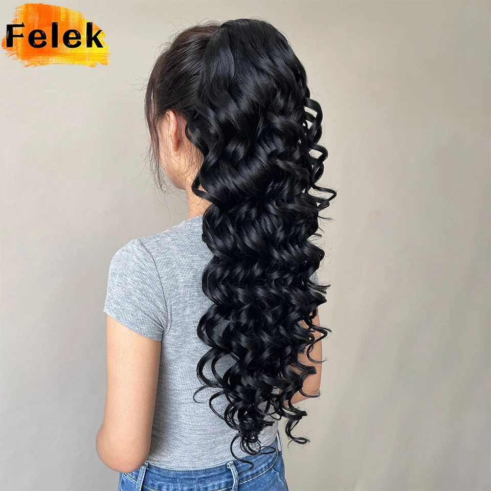 24 Inch Black Ponytail Hair Extension Long Wavy Drawstring Ponytail Synthetic Hairpiece Blonde Curly Clip-in Extensions For Girl