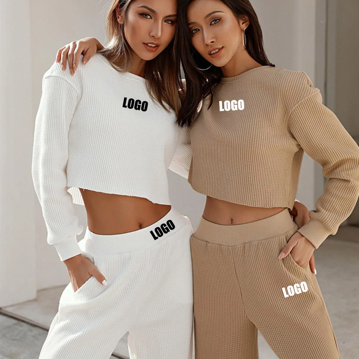 

Custom LOGO 2024 women's clothing is hot in Europe America and other autumn new casual sweater long-sleeved waffle set two-piece