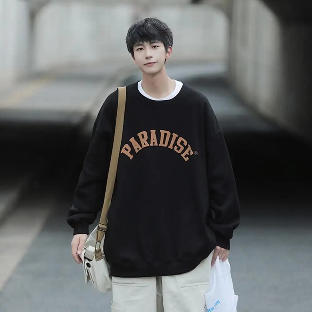 Winter Base Layer Top Streetwear Men's Letter Print Sweatshirt with Crew Neck Elastic Cuff Mid Length Solid for Fall for Young