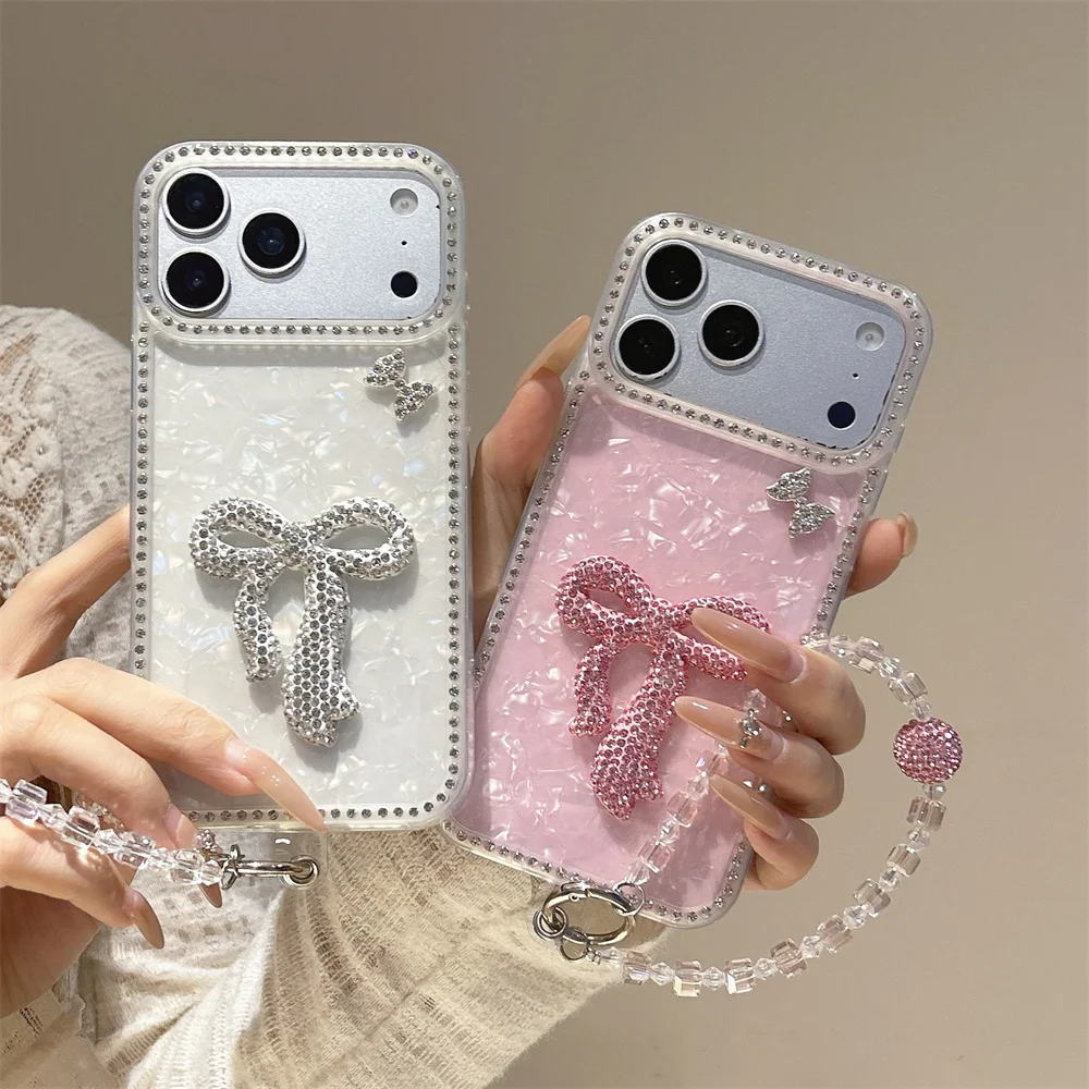 

for iPhone 17 Pro Max Luxury Glitter Rhinestone Bow Stylish Phone Case with Beaded Wrist Strap for iPhone 16 15 14 13 Glam Cover