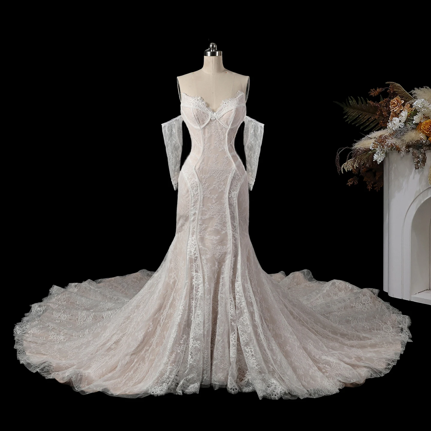 Sharon Said Elegant White Nude Lace Sheath Mermaid Wedding Dress Sweetheart Detachable Sleeve Bridal Gowns SW752 Customized