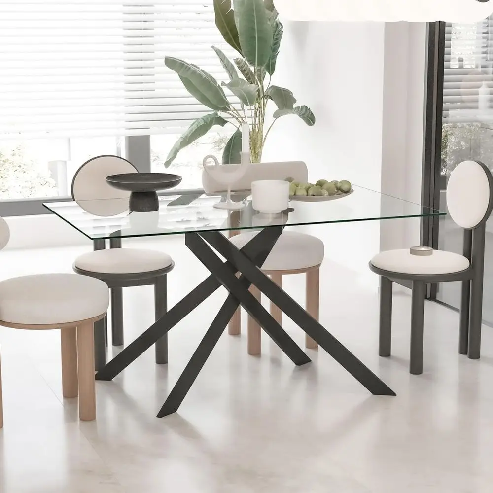 

4 Seater Rectangular Glass Dining Table with Black Steel Legs for Modern Kitchen Dining Room