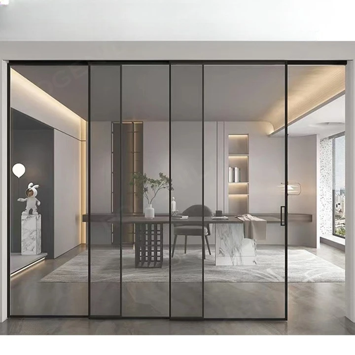ROGENILAN ultra-thin aluminum frame sliding door for internal retractable black glass partition with stacked sliding glass door