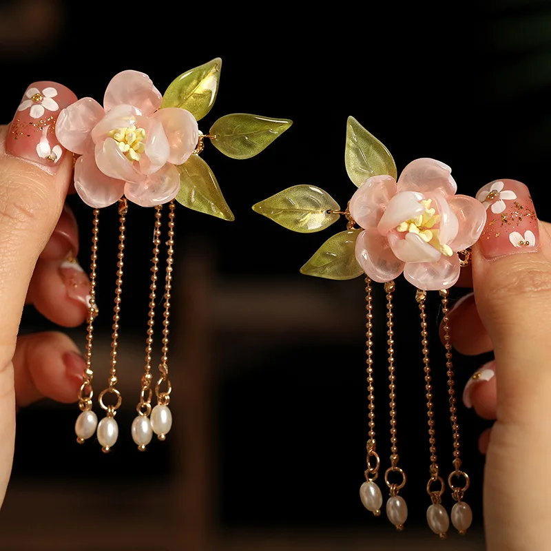 

Chinese Hair Clips Girls Hanfu Hair Accessories Pink Flower Hairpin Tassel Pearl Headpiece Ancient Party Barrette Head Jewelry