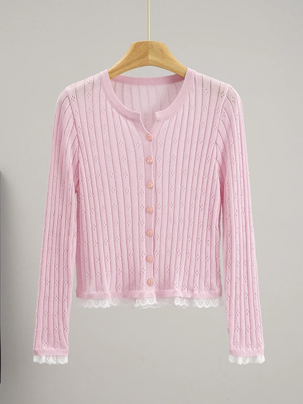 

Летний тонкий длинный вязаный кружевной лоскутный женский свитшот Sweet Sle, свободный крой, дизайн на пуговицах, полиэстер, топ V-Ne