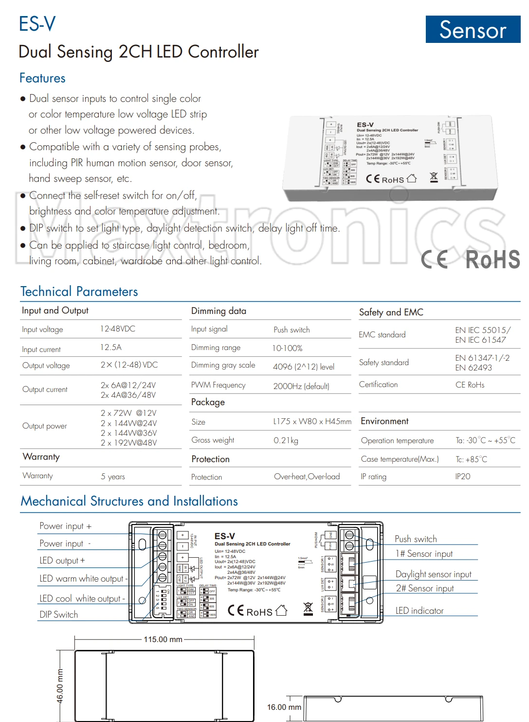 NEW 12-48VDC Dual Sensing 2CH LED Controller ES-V brightness for bedroom, living room, cabinet Single Color/CCT LED Strip Lights