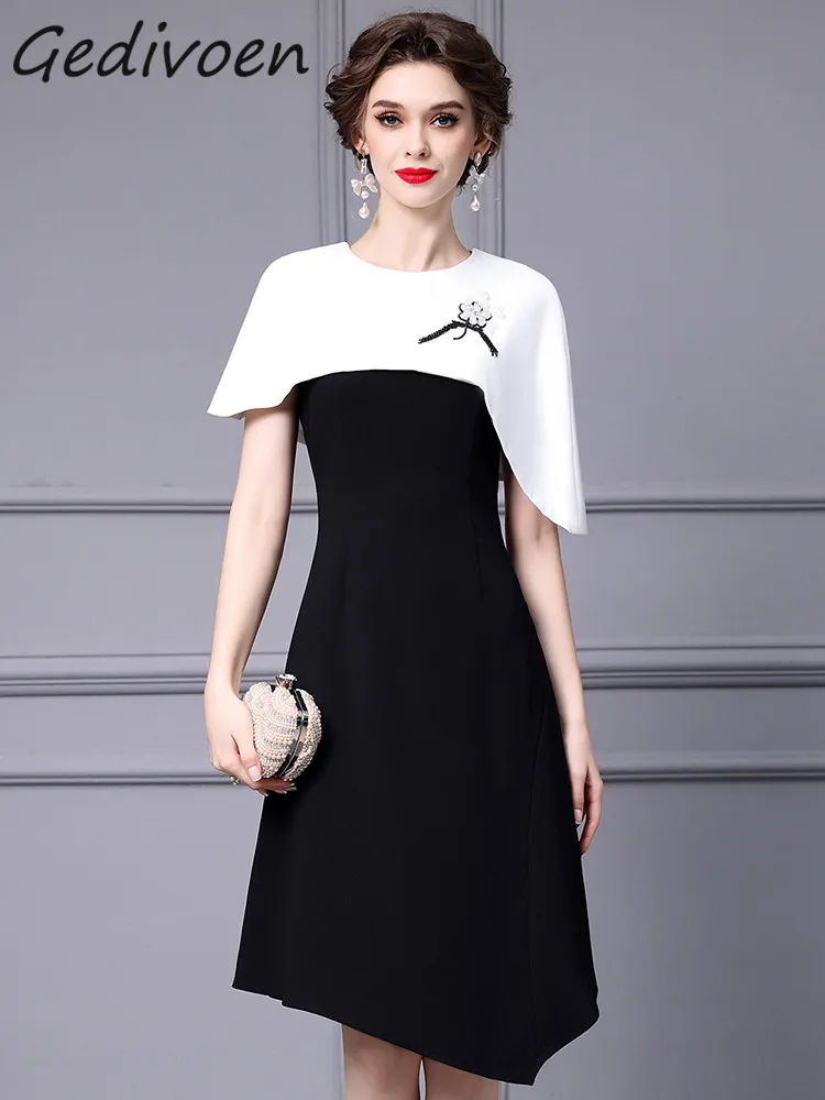 

Gedivoen Autumn Fashion Designer Elegant Hit Color Dress Women Cloak Sleeves Beading High Waist Slim Irregular A-LINE Long Dress