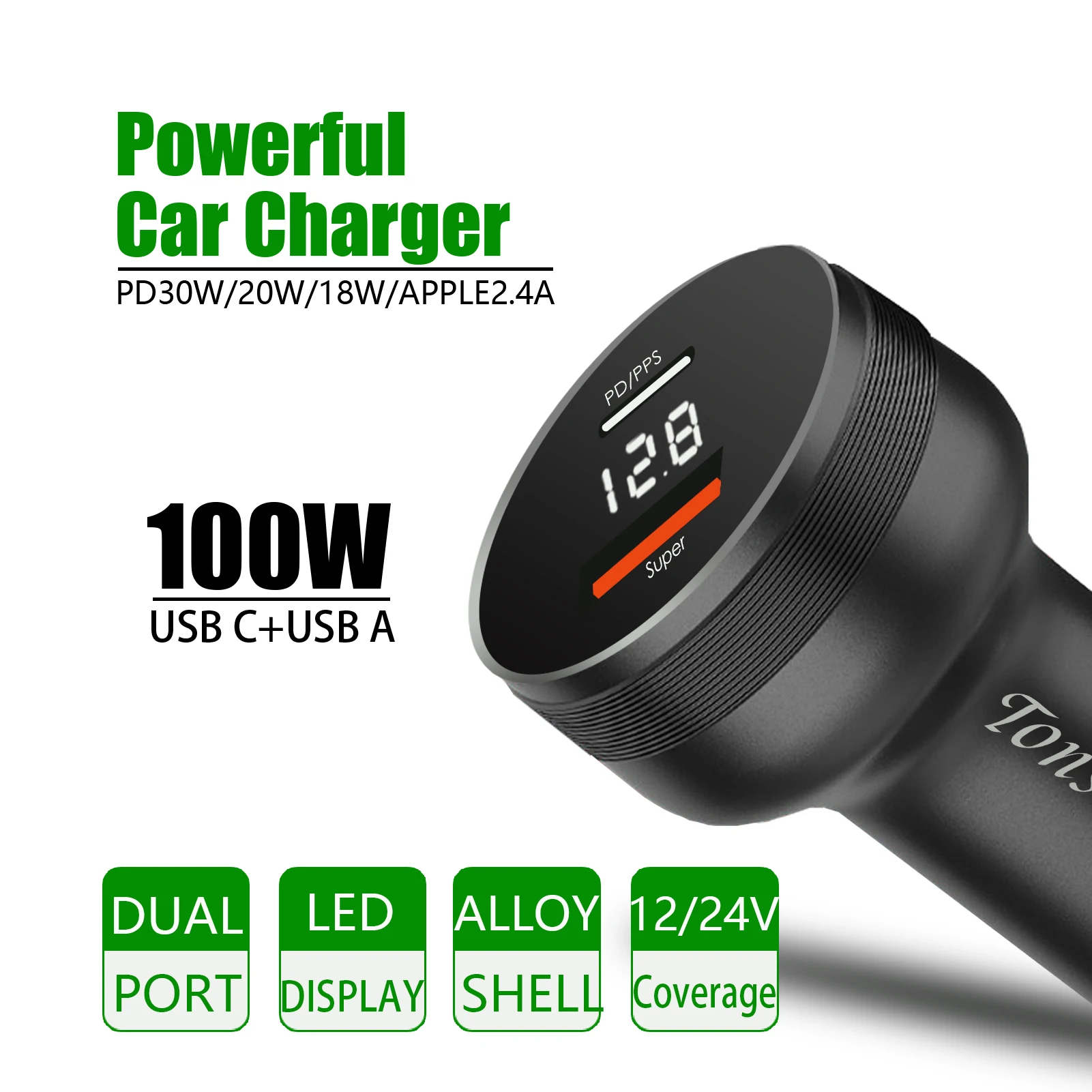 For iPhone 15 Car Charger, 100W car lighter adapter for iPhone14/13/12/11/X/8, 12V 2 Port LED Metal USB socket for iPad Pro/Air