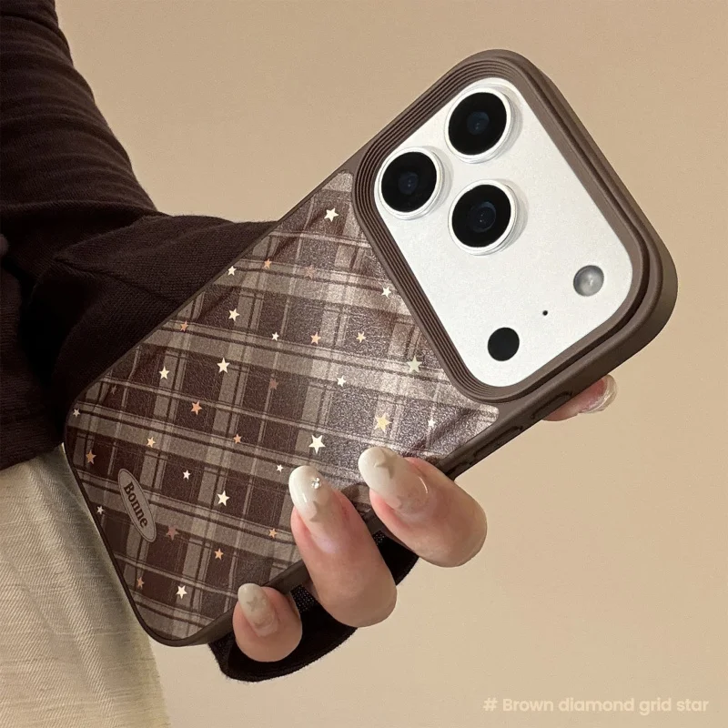 

Warm brown diamond grid star Apple 17 phone case iPhone 16 pro max leather 15 suitable for 13 retro 11 anti drop