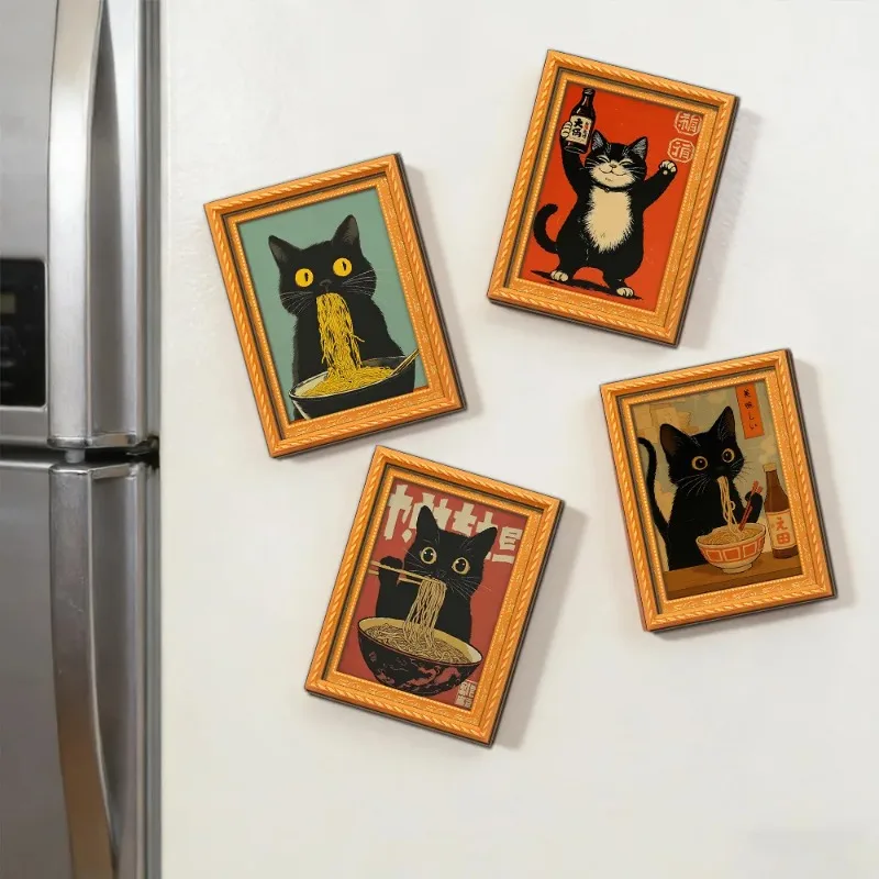 Cat Fridge Magnet  Mini Framed Black Cat Eating Ramen Magnet Cute Japanese Cat Refrigerator Magnet Home Office Decor Ideal Gift