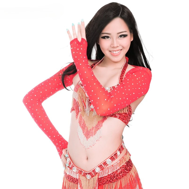 ที่กําหนดเองเงาเพชร Belly Dance เครื่องแต่งกายแขนยาวชุดฝึกเสื้อผ้าฐานตาข่ายยืดหยุ่นชุด Dancewear