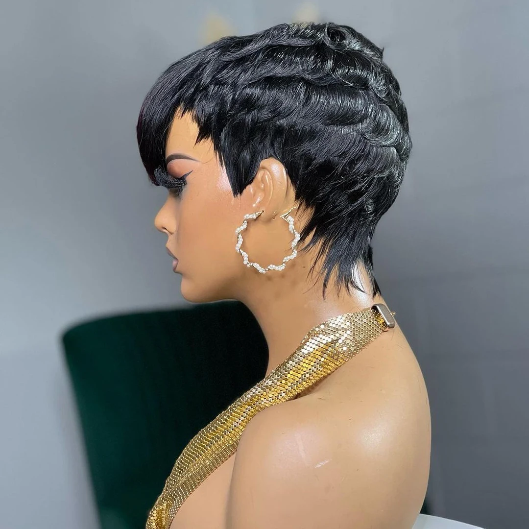 Highlight Green Color Short Pixie Cut Wig For Black Women Human Hair Short Bob Wigs 150% Density Brazilian Remy Full Machine Wig