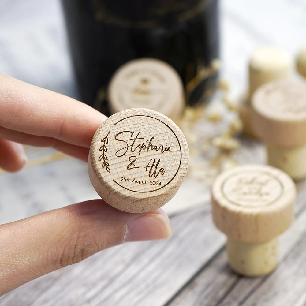 Custom 10/50/100pcs Wine Cork Stoppers Wedding Party Thank You Favors for Guest Engraved Wooden Bottle Cork Stopper