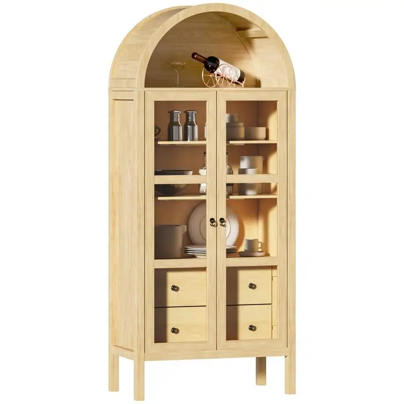 

Modern Arched Cabinet with Glass Doors, 72" Tall Auto Sensor Light Wood Grain Storage Cabinet, Adjustable Shelf & 2 Drawer