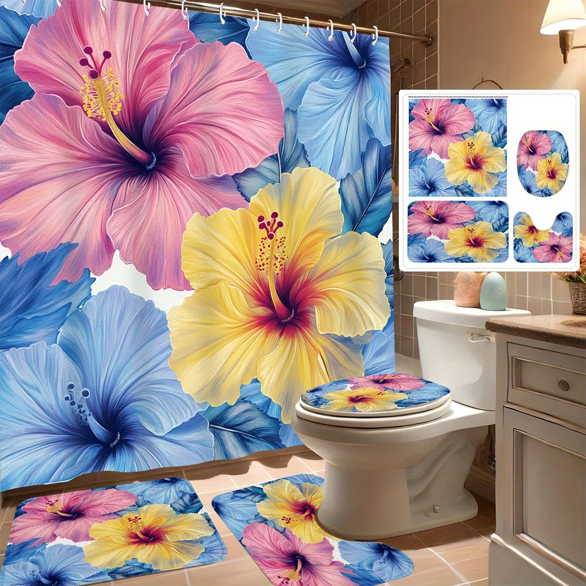 

Набор из 4 занавесок для душа, красивые тропические цветы, современный декор для ванной комнаты, в комплект входит 12 крючков, нескользящий коврик для ванной, U-образный