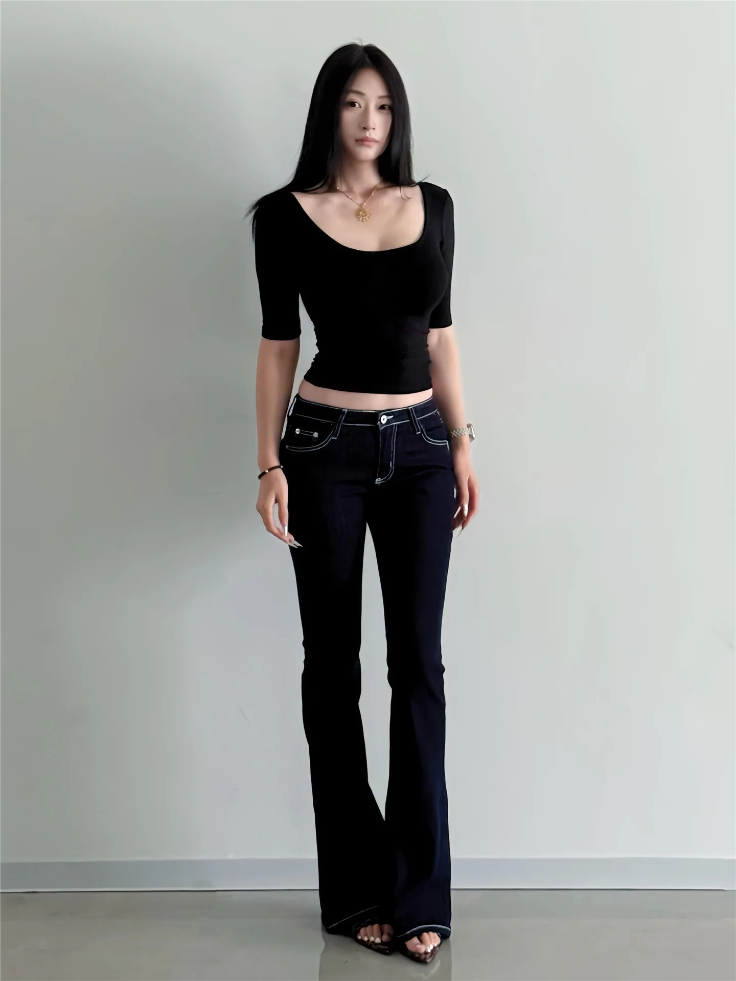

American High Street Low Waist Bell Bottom Jeans Women's Spring Autumn Washed Long Design Sense Casual Cotton Stretch Jeans