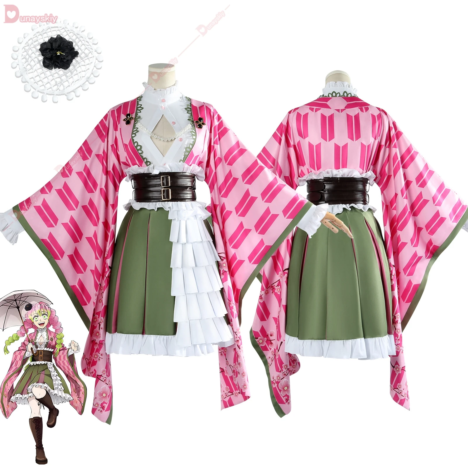 Kanroji Mitsuri Cosplay Costume For Women Girls 5th Anniversary Adult Anime Outfit Wig Belt Halloween Cos Kimono Suit