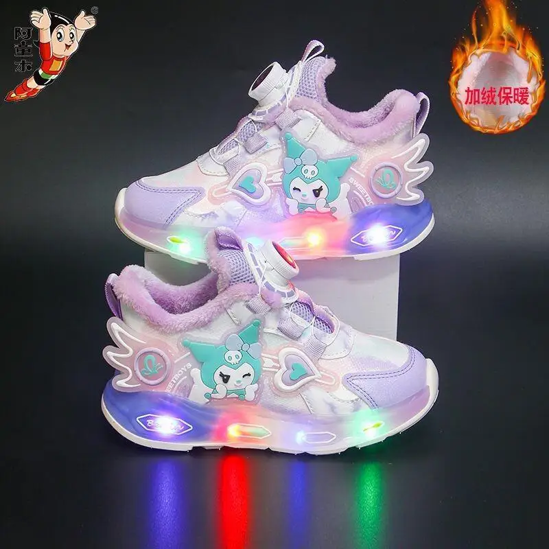 

Детские кроссовки Kuromi со светодиодной подсветкой Kawaii Sanrio, повседневная обувь для девочек, детская теннисная обувь, противоскользящая спортивная обувь для бега, обувь-корзина