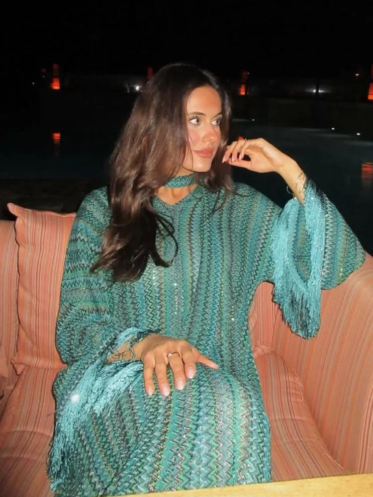 Streifen Lose Frauen Kleider Quaste Mit Schal V-ausschnitt Weibliche Maxi Kleid 2025, Sommer Mode Party Volle Hülse Dame Grün Vestidos