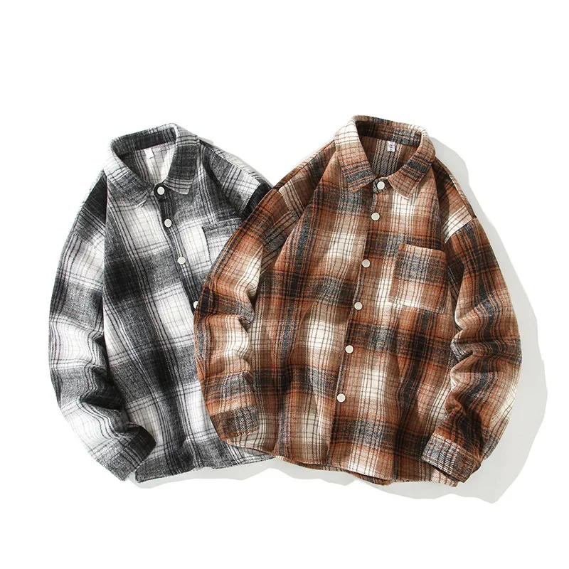 

Autumn and Winter New Men's Woolen Shirt Long Sleeve American Retro Loose Plaid Shirt Men's Jacket Coat