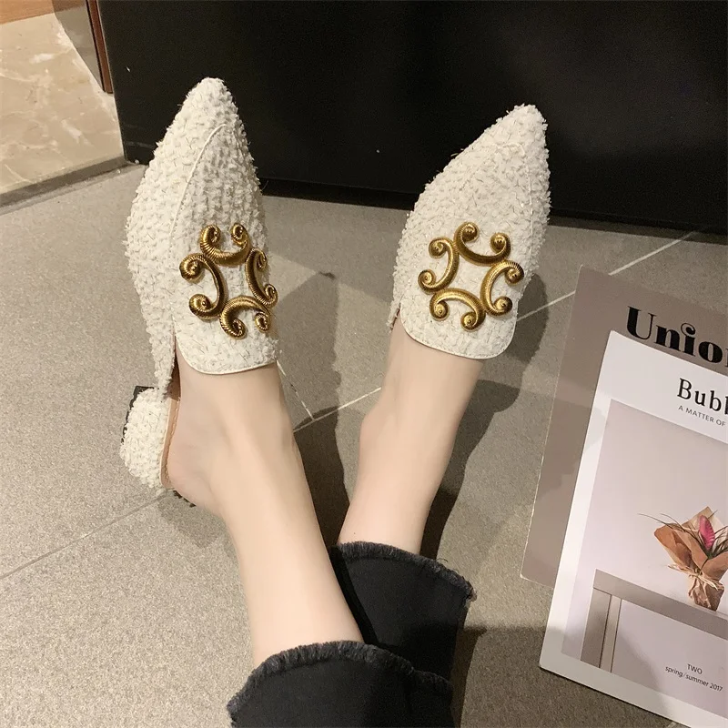 Miaoguan New Winter Clear Ladies Slippers Faux Fur Mules Slides Women Shoes Bow Knot Pointed Toe Square Mid Heels Shoe Woman 39