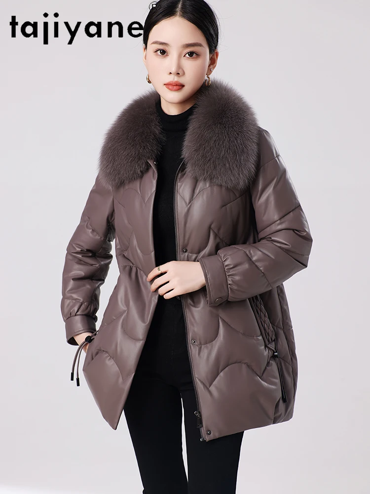 TAJIYANE 100% Skórzany płaszcz puchowy z owczej skóry dla kobiet, średniej długości, kurtka ze skóry naturalnej, kołnierz z futra lisa, płaszcze zimowe 2025, nowa kolekcja odzieży damskiej 신상아우터