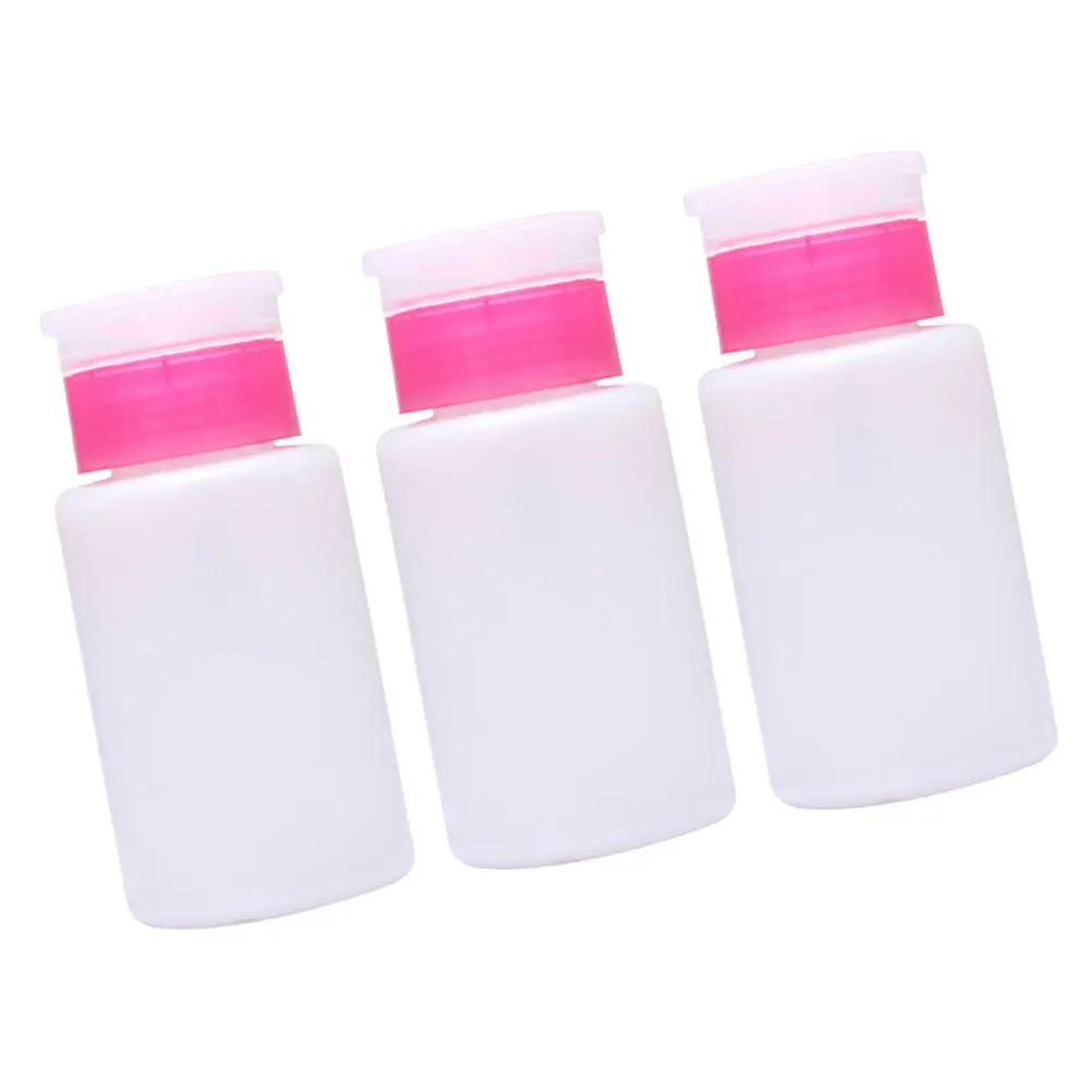 3pcs Lockable Press Pump Bottle for Nail Remover, Toner, or Makeup Liquid – Plastic Dispenser Container, White & Pink