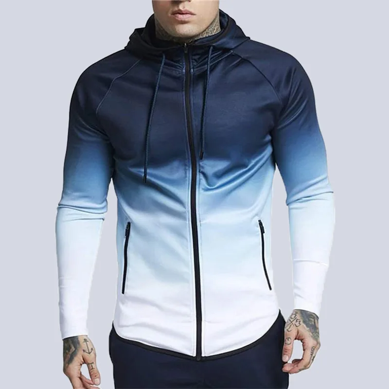 Spring Men\'s Jacket Fashion High Street Trend Gradient Hooded Jacket Printed Casual Zipper Sports Jacket Plus Size