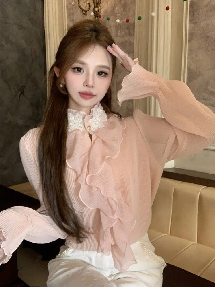 

Elegant Fashion Ruffles Pink Blouses 2025 Early Autumn New Shirt Women Korean Style Loose Blusas Mujer Shirts & Blouses