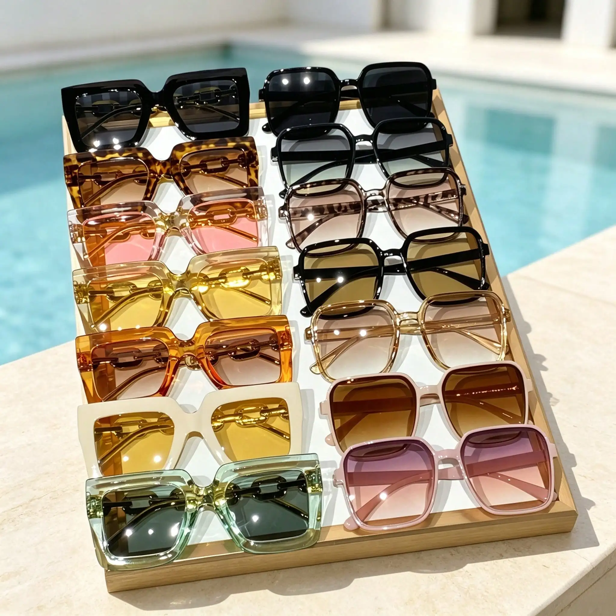 Zinqora 14-Pack Women's Oversized Square Gradient Fashion Glasses Decorative Chain Metal Temples Suitable For Beach Travel Daily Matching，sc260727152056821981630