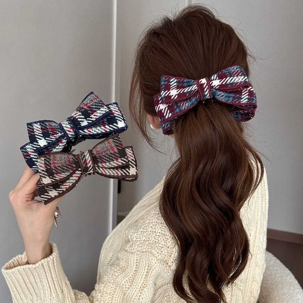 

Plaid hair pin bow grab clip accessories for girl women school Headdress crab Designer vintage popular catches claw fashion kpop