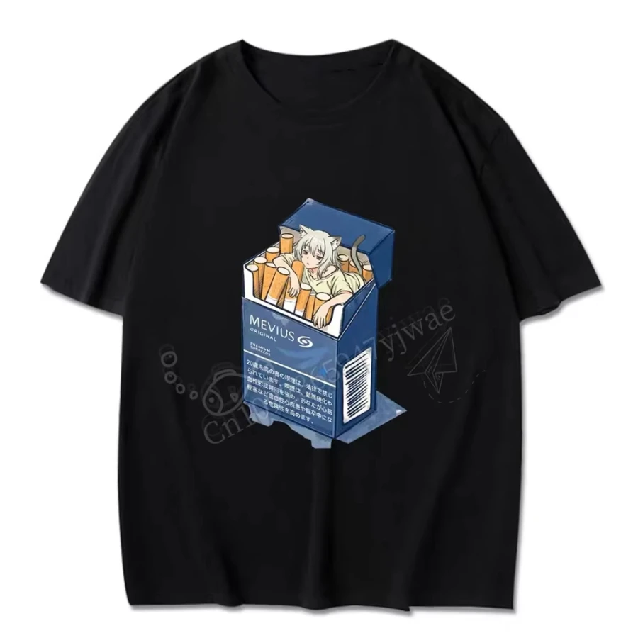 Chainsmoker Cat Yaniko Satou Cigarettes Graphic Short Sleeved Casual Streetwear Anime Fans Tee Summer Men Women Beach T-Shirts