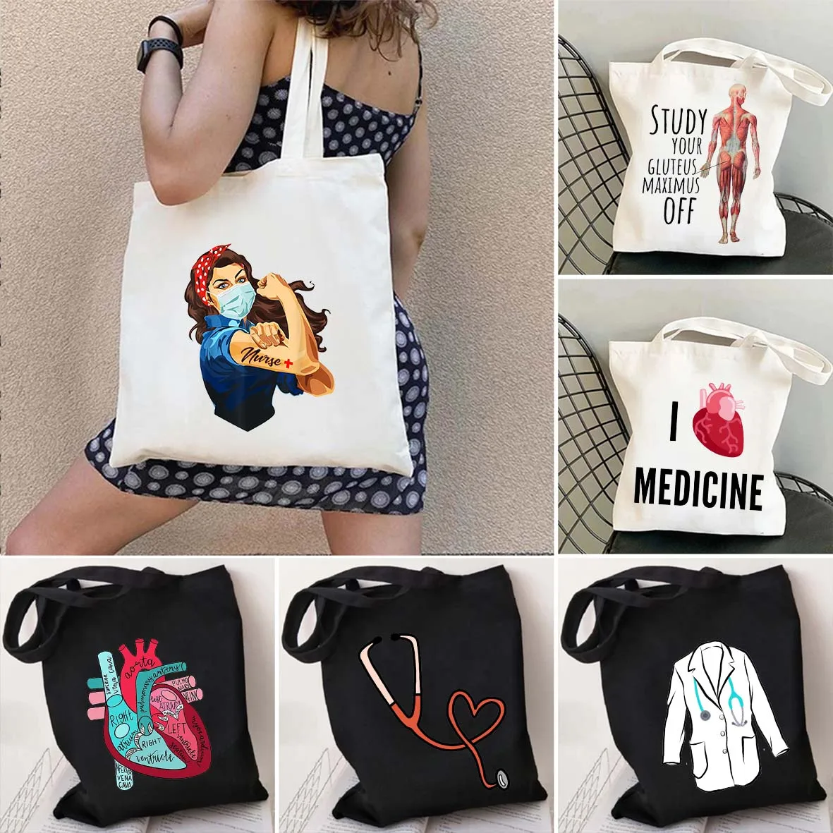 

Cute Doctor Nurse Medical Stethoscope Heart Anatomy Medicine Health Brain Shopper Shoulder Canvas Tote Bags Eco Shopping Handbag