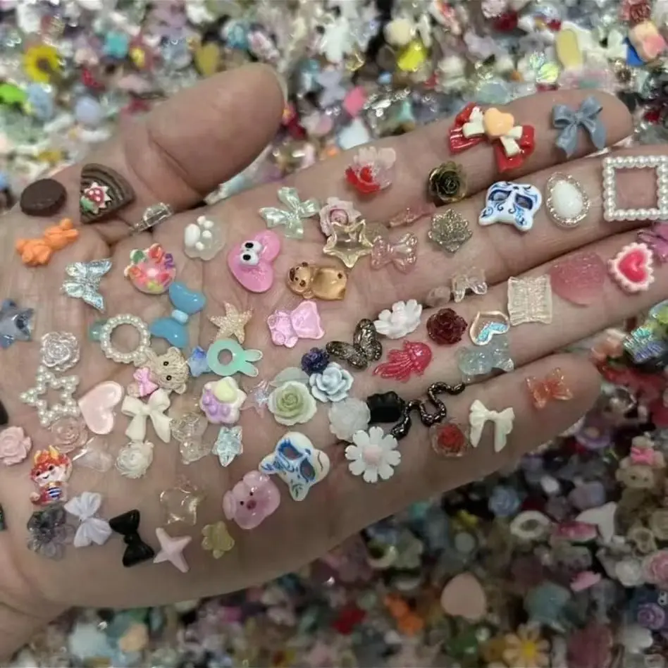 50개 수지 네일 아트 액세서리 혼합 세트: 귀여운 활 & 달콤한 꽃 DIY 신비한 블라인드 박스 장식 키트