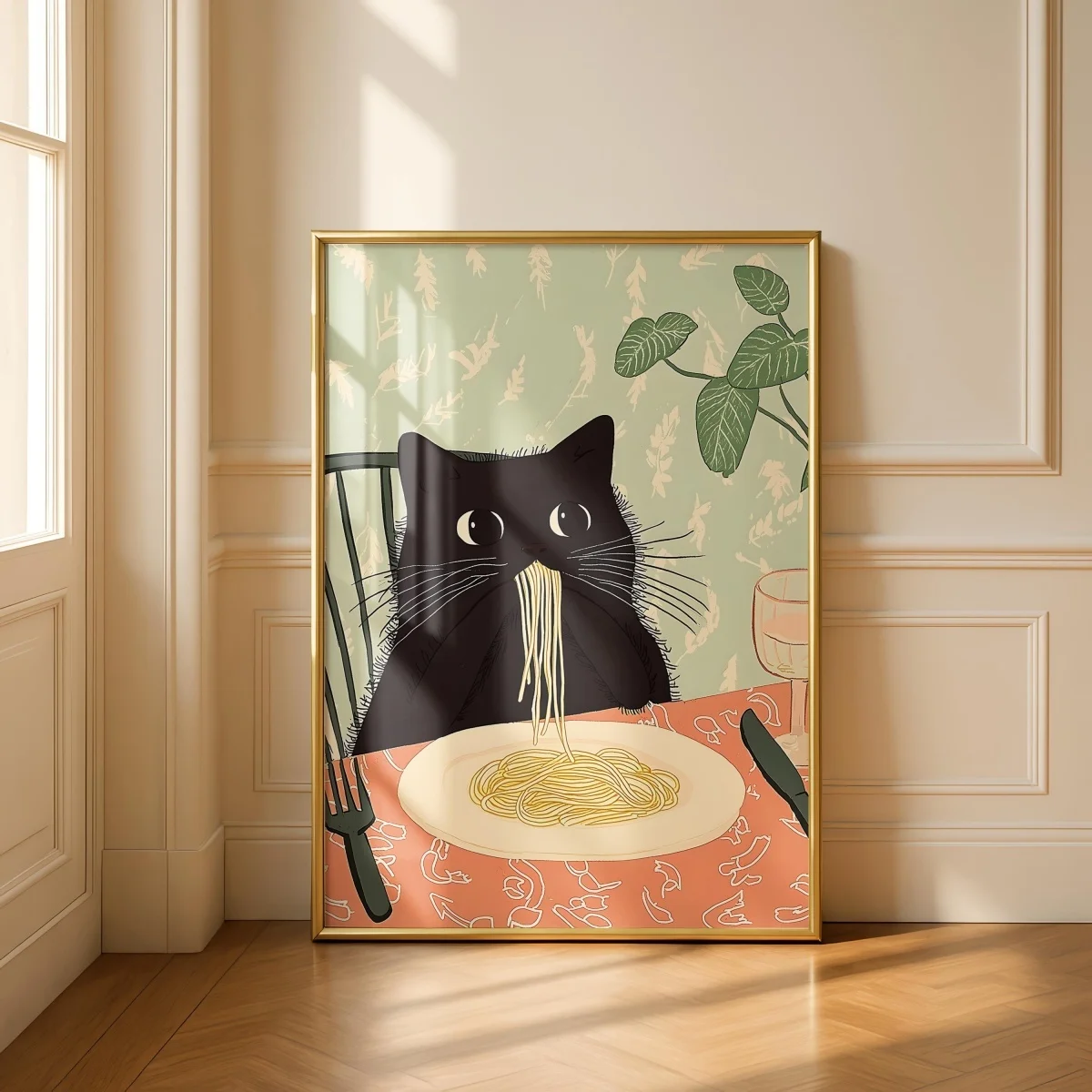 1pc frameless Canvas Painting Funny Black Cat Eat Noodles Canvas Prints Poster Whimsical Cute Animal Art Prints Dining Room Kitc