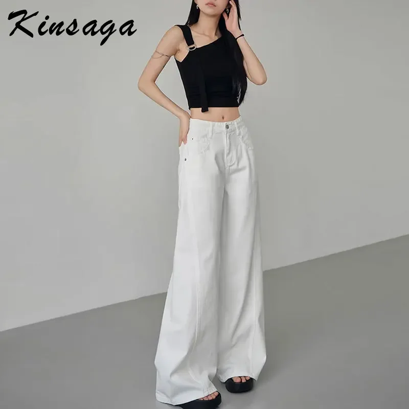 Women Spring Boyfriend White High Waist Straight Jeans Streetwear Curved Hip Cleanfit Surplus Relaxed Wide Leg Denim Trousers