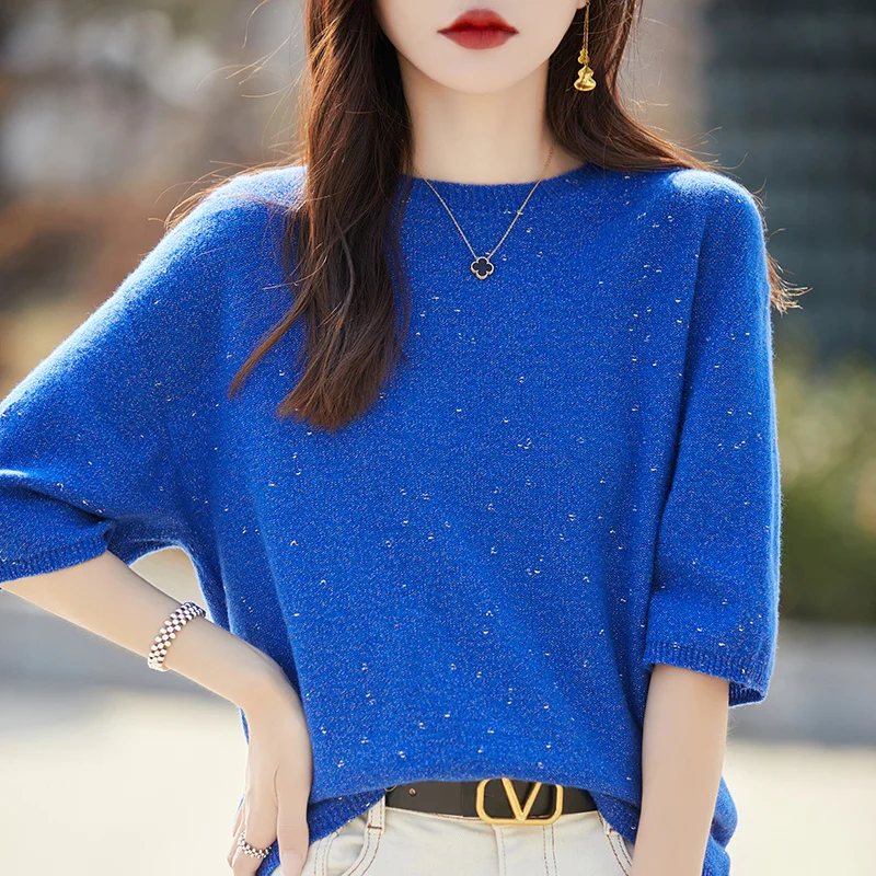 2024 Spring/Summer Pure Wool Cashmere Sweater Women's First Line Round Neck Gold Bean Knitted Short Sleeve Loose Soft T-Shirt