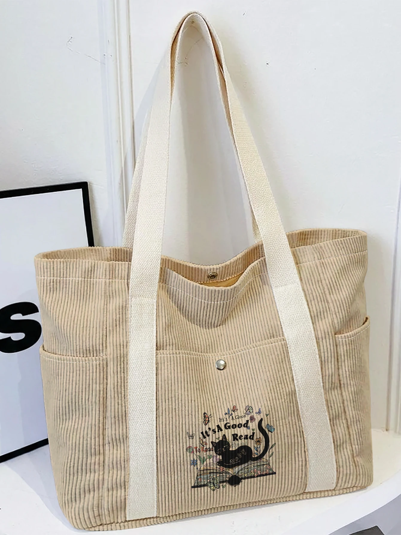Reading Black Cat Print Tote Bag, Adjustable Strap Crossbody Handbag With Side Pockets For Shopping Travel Daily Use