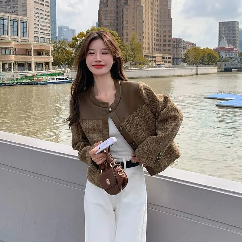 Trend Tweed Jacket Women Cropped Top Patchwork Vintage Spring Autumn Coat Long Sleeves High-quality Outerwear Design Streetwear