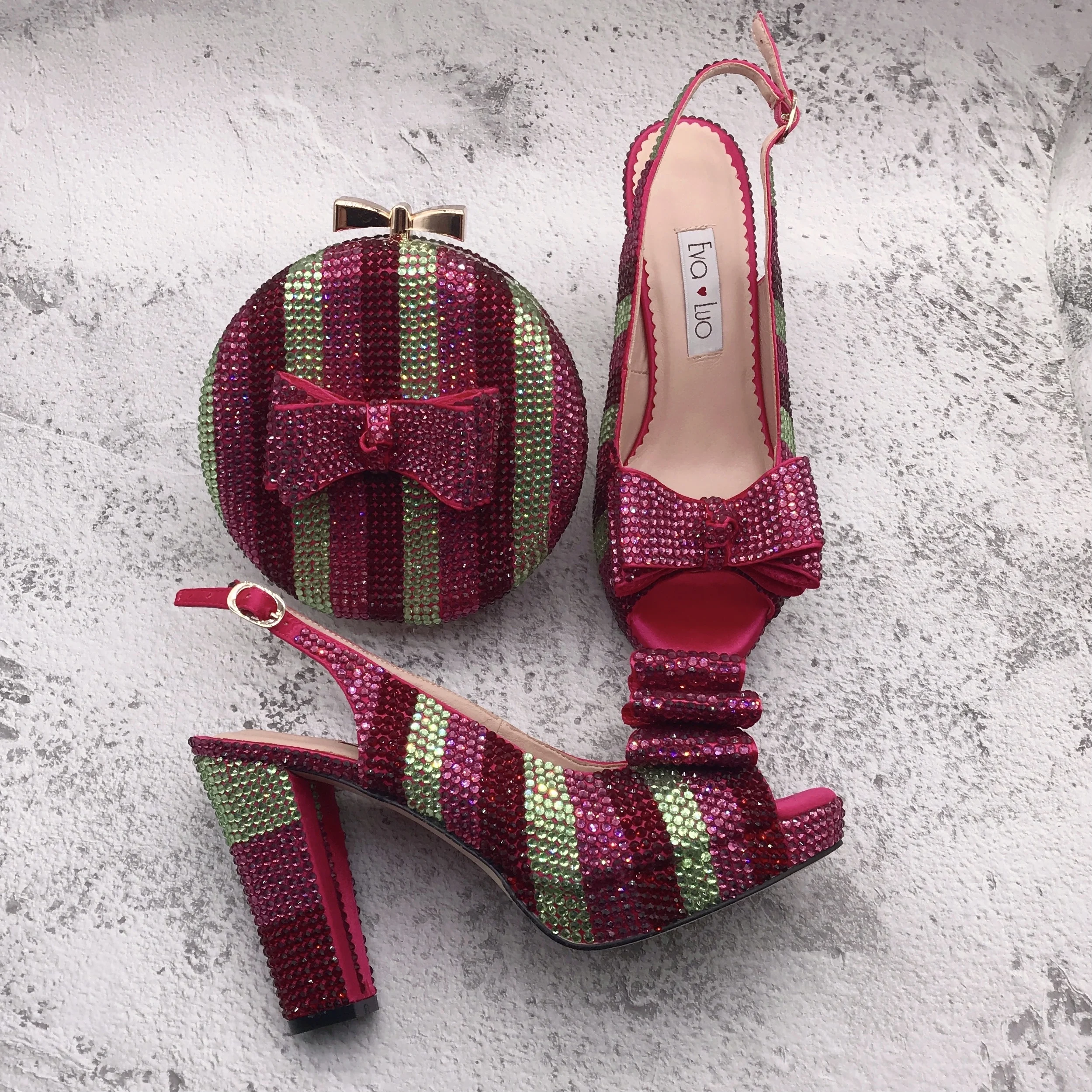

BS1608 Custom Handmade Slingbacks Women Bridal wedding Shoes Fuchsia Pink Multicolor Crystal Bow Shoes with Matching Bags Set