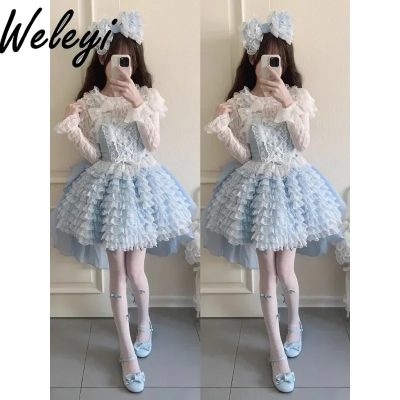 

Kawaii Lolita Fashionable and Popular Jsk Dress Women's 2024 Four Seasons Universal Cute Bow Lace A Line Hanging Cake Long Frock