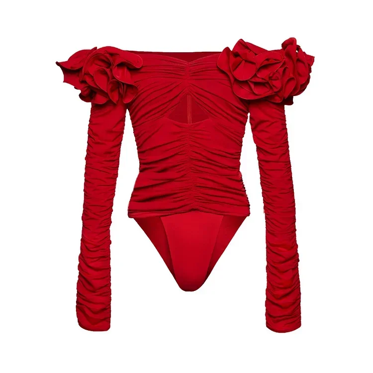 2023 New Fashion  Red Off Shoulder 3D Flower Long Sleeve One Piece Swimsuit and Skirt Summer Swimwear Women Beachwear Bathing Su