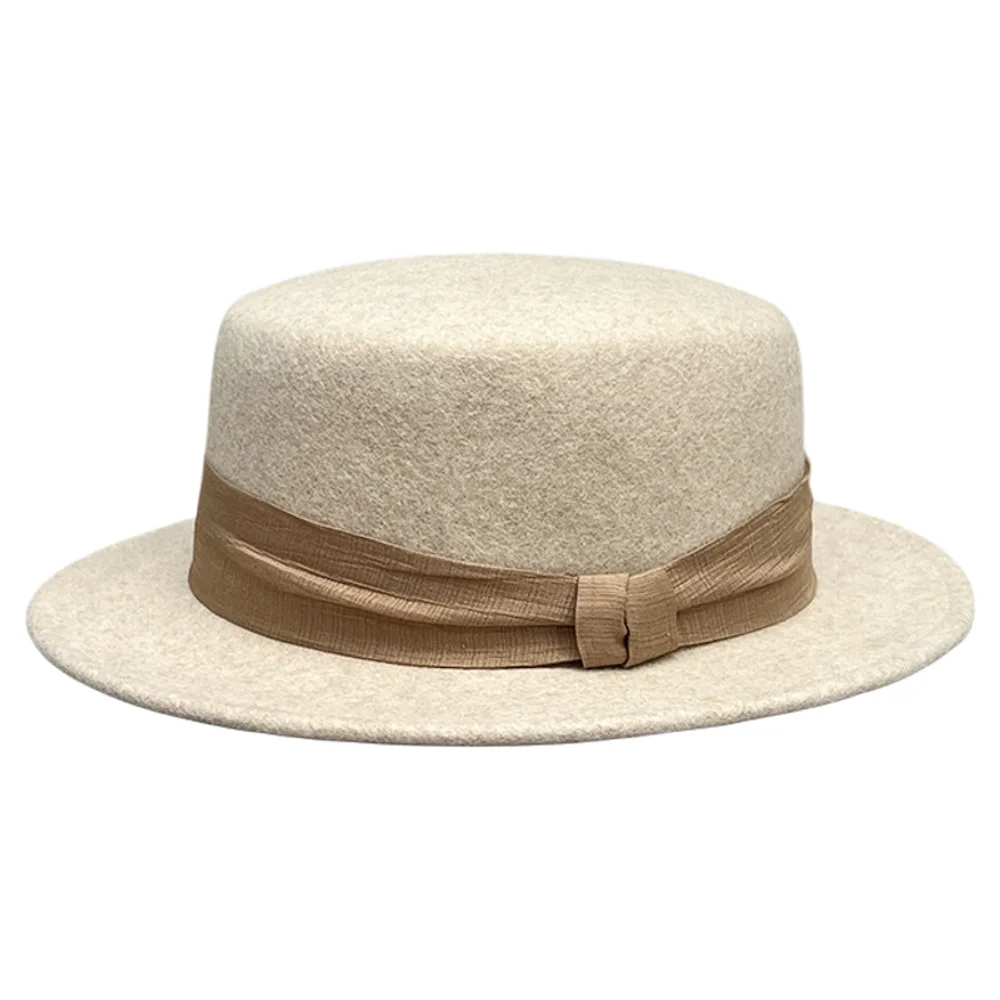 Cappello in feltro di lana piatto beige stile francese autunno e inverno per donna, versatile e alla moda, cappello a tesa larga retrò britannico