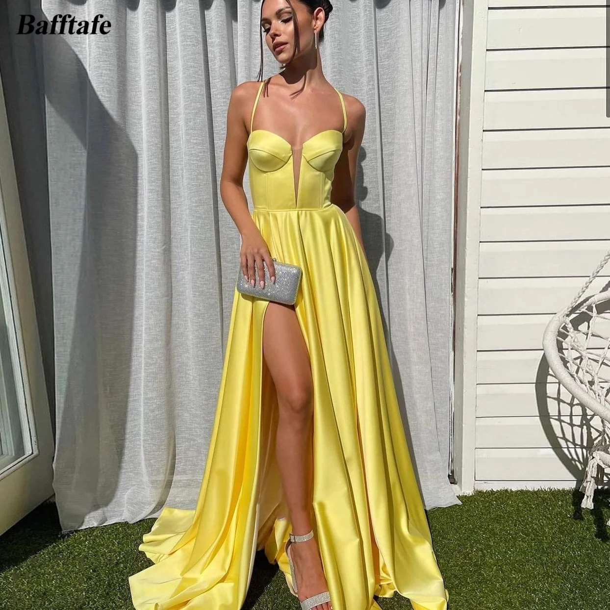 

Bafftafe Simple Yellow Silk Satin Prom Dresses Slit Lace Up Back Women Formal Wedding Party Bridesmaid Dress Evening Gowns 2024