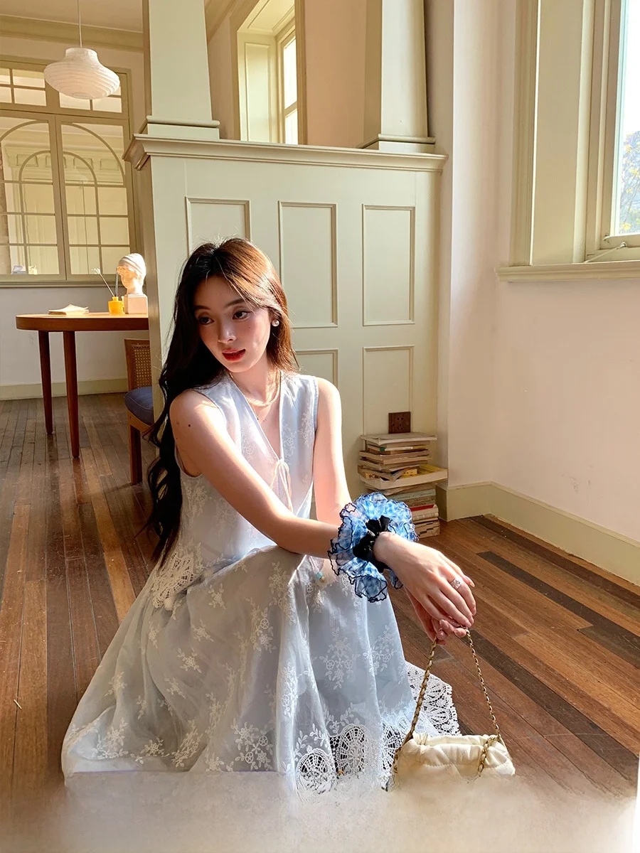 

INON Coast Free Set Beach Vaion Lace Trimmed Silk Blue Vest Skirt Outfit Summer Commute Sle Women's Faion Set