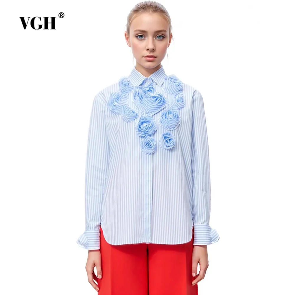 VGH Patchwork Appliques Loose Casual Shirt For Women Lapel Long Sleeve Spliced Single Breasted Minimalist Blouse Female Fashion