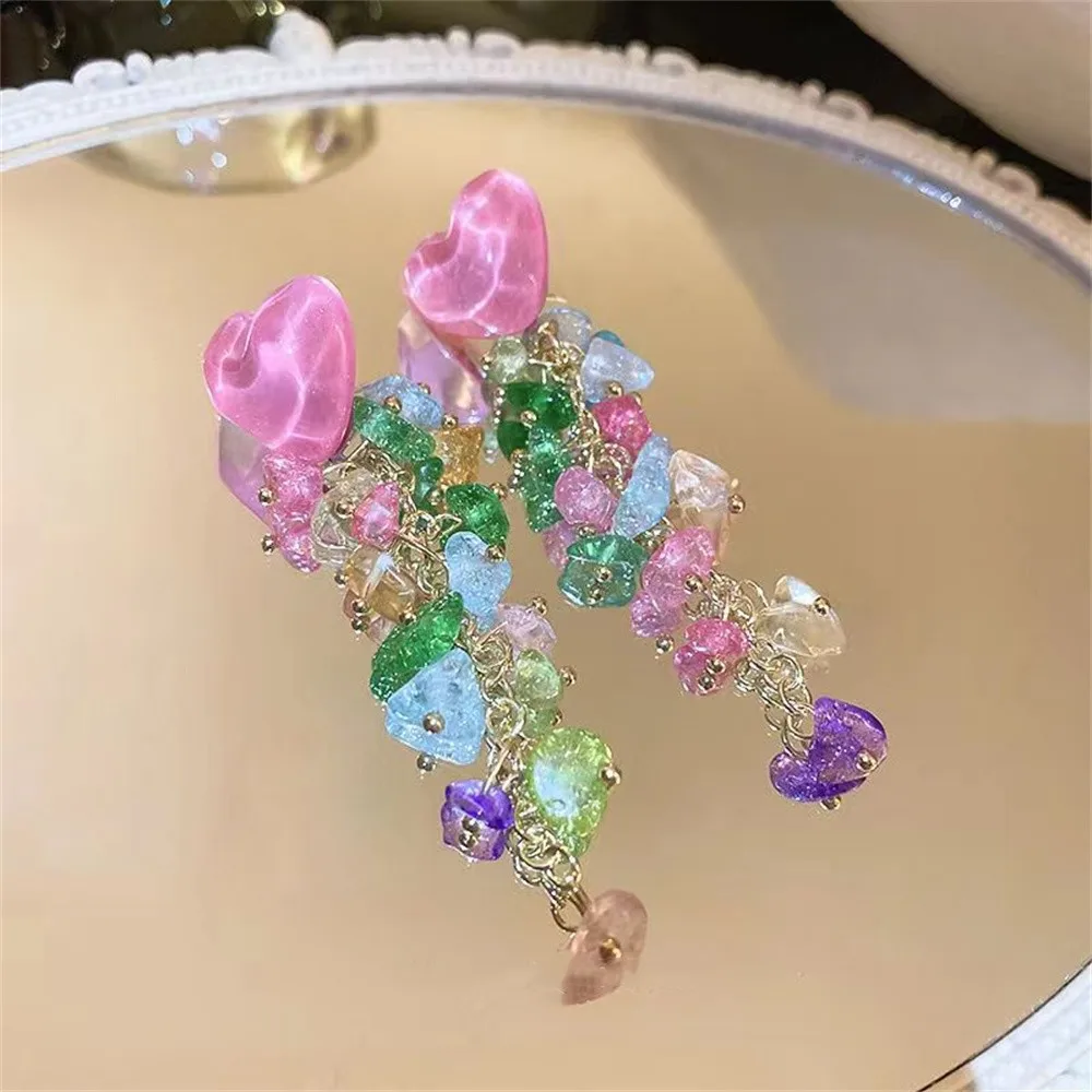 Vintage Pink Peach Heart Tassel Earrings for Women Full Crystal Heart Shape Sparkling Drop Earrings Girl Temperament Jewelry