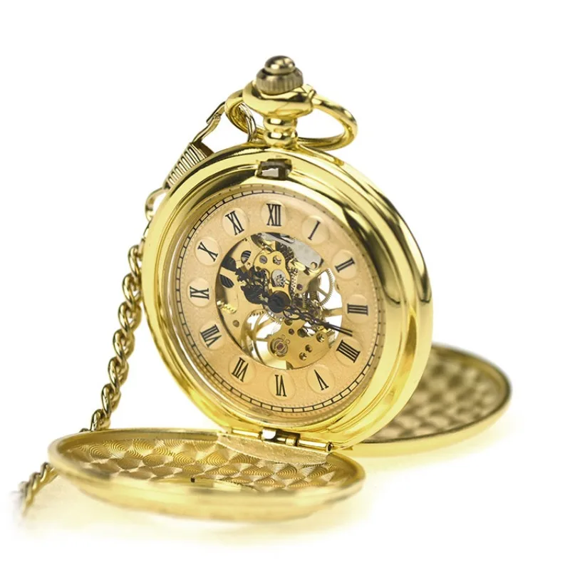 

Double Open Golden Hollow Case Steampunk Roman Number Dail Hand Wind Mechanical Pocket Watch w/ Chain Nice Xmas Gift