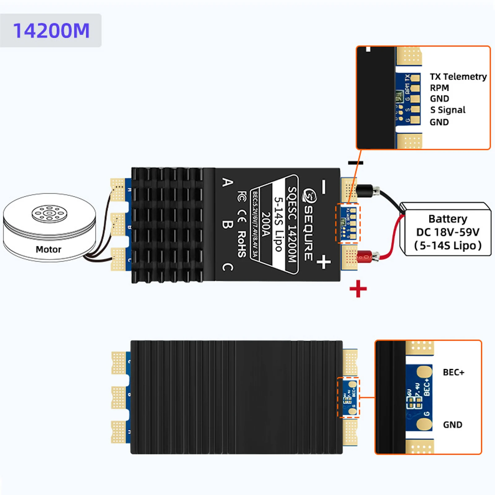 SEQURE 14200M Brushless ESC With built-in BEC Featuring Adjustable Voltage for RC Model Cars Surfboards Multi-rotor Drones